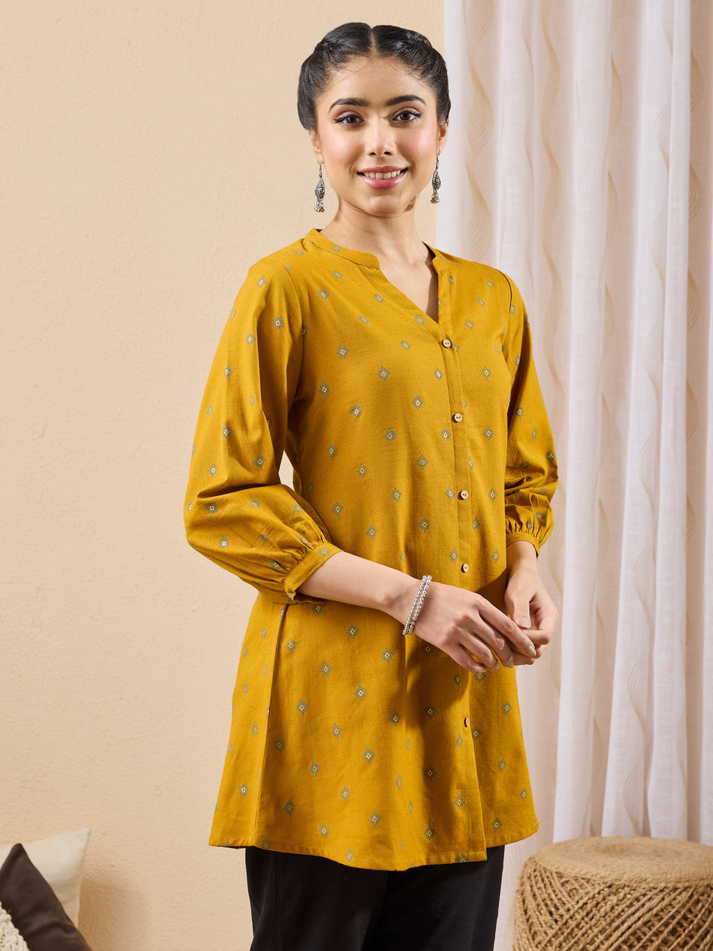 Janasya Mustard Straight Cotton Tunic | Grocsy
