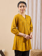 Janasya Mustard Straight Cotton Tunic | Grocsy