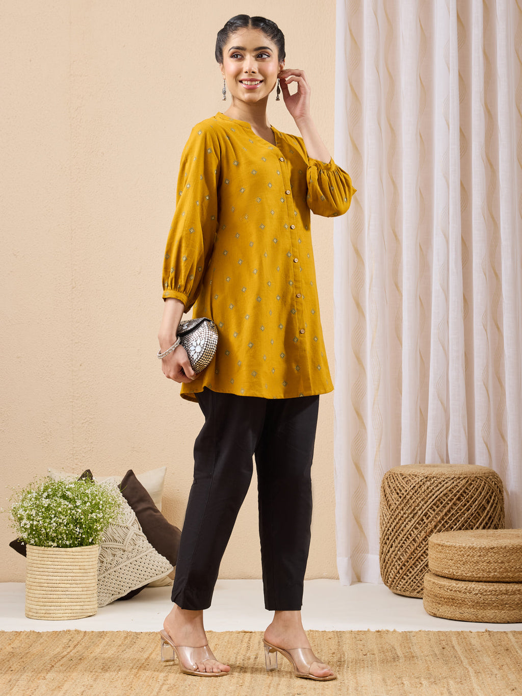 Janasya Mustard Straight Cotton Tunic | Grocsy