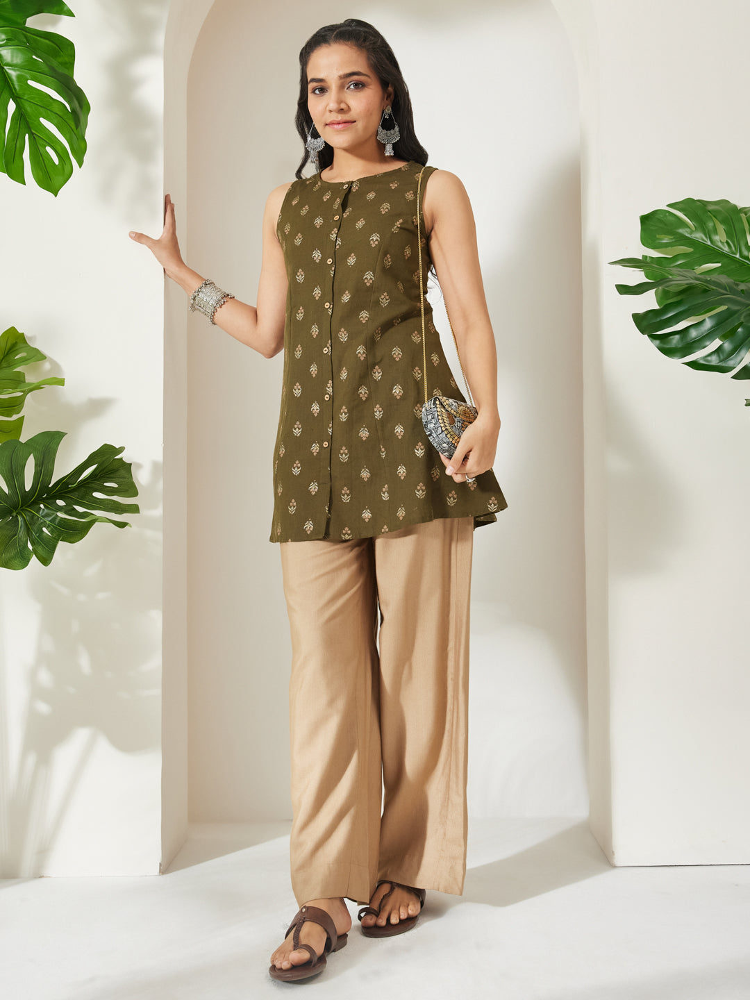 Janasya Olive A-Line Cotton Tunic | Grocsy
