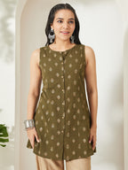 Janasya Olive A-Line Cotton Tunic | Grocsy