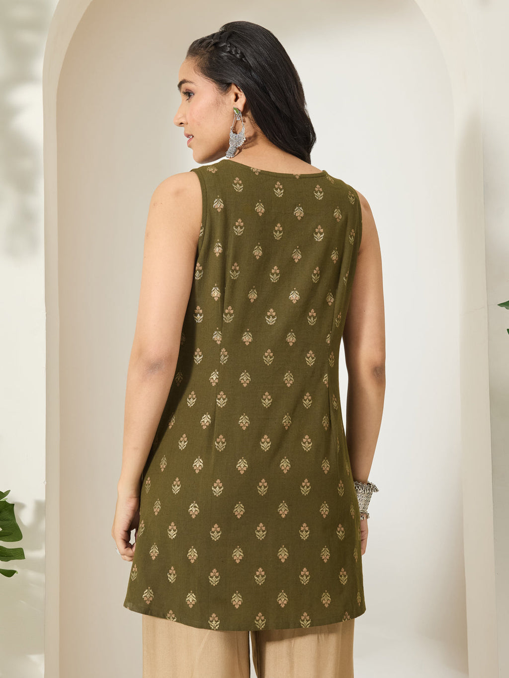 Janasya Olive A-Line Cotton Tunic | Grocsy