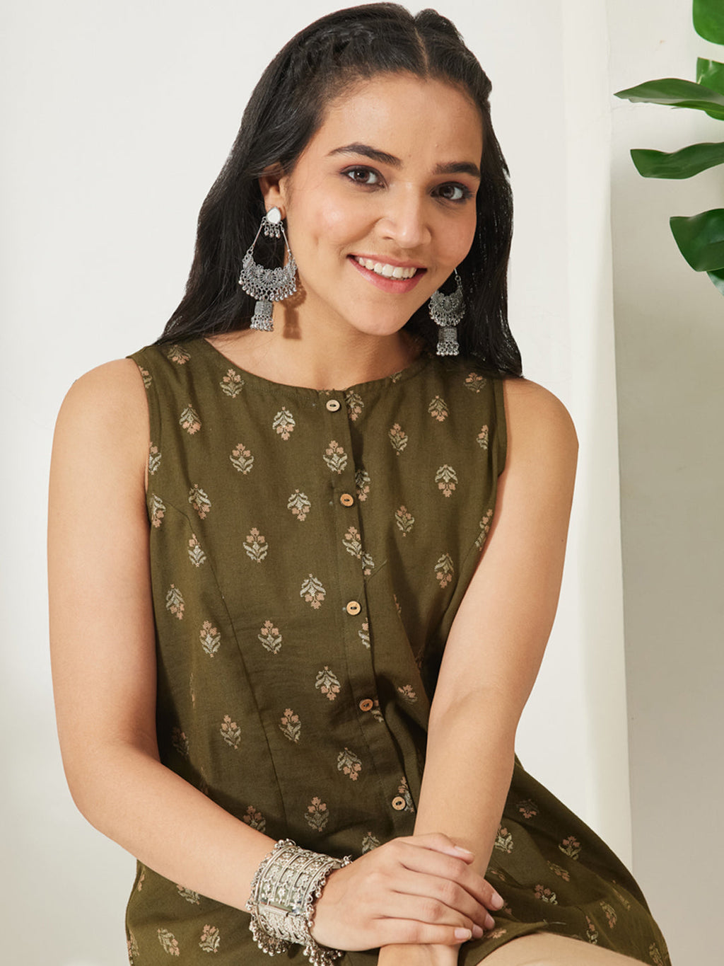 Janasya Olive A-Line Cotton Tunic | Grocsy
