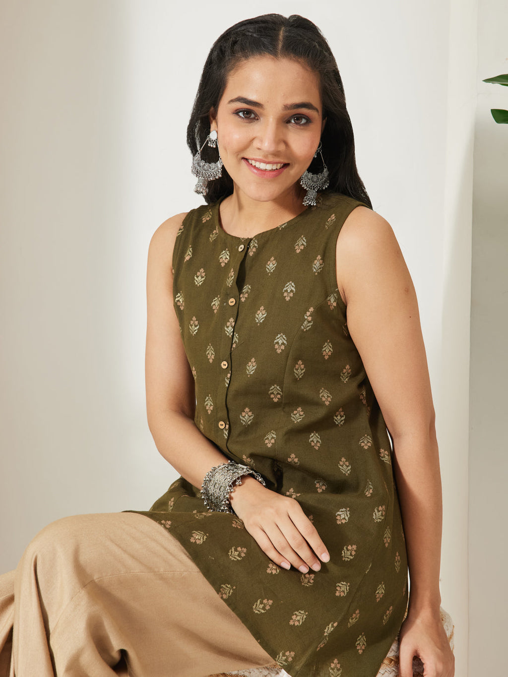Janasya Olive A-Line Cotton Tunic | Grocsy