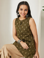 Janasya Olive A-Line Cotton Tunic | Grocsy