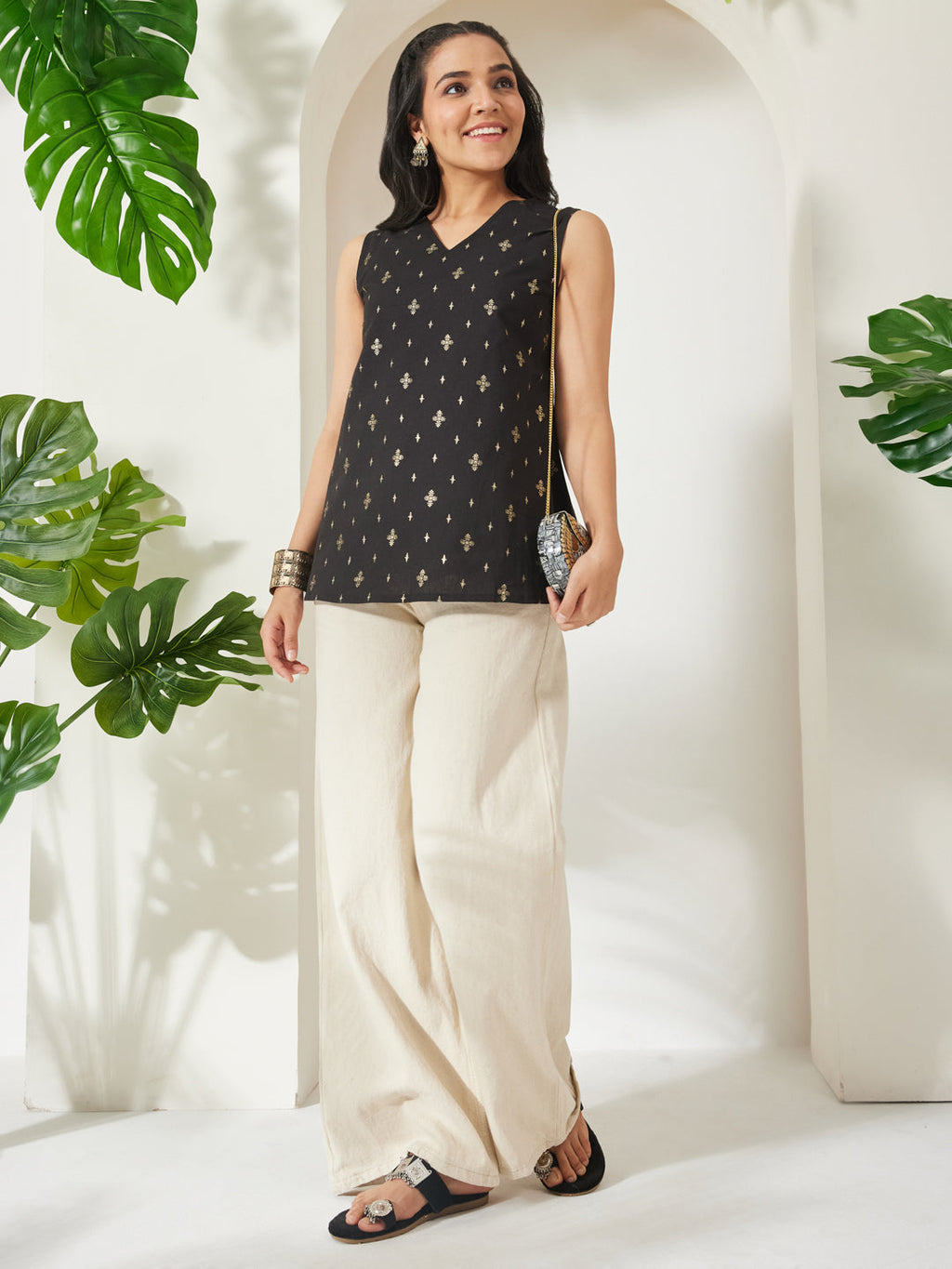 Janasya Black A-Line Cotton Tunic | Grocsy