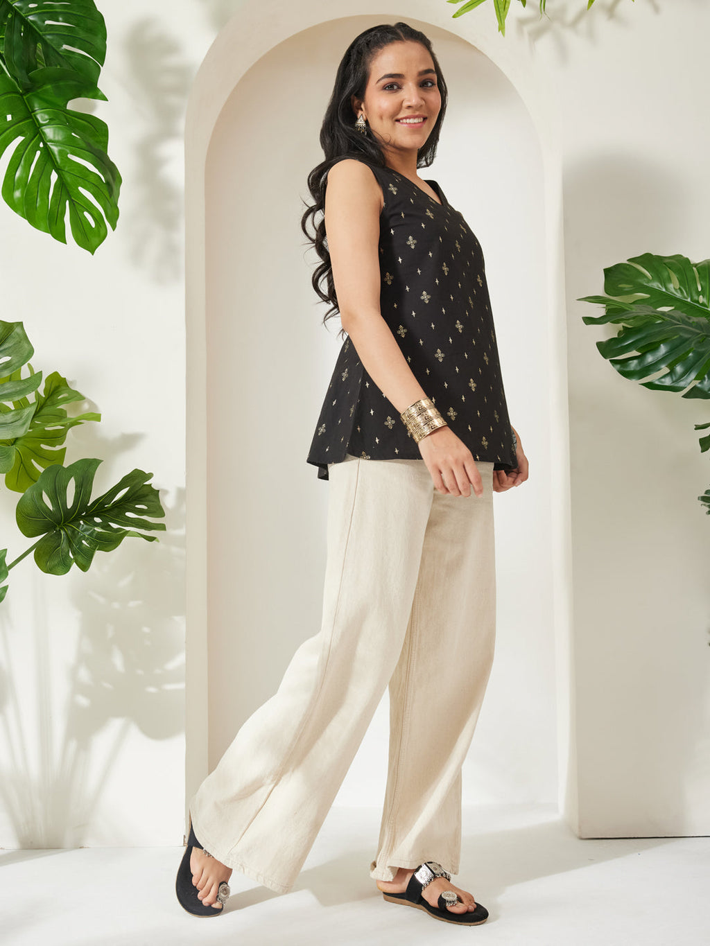 Janasya Black A-Line Cotton Tunic | Grocsy