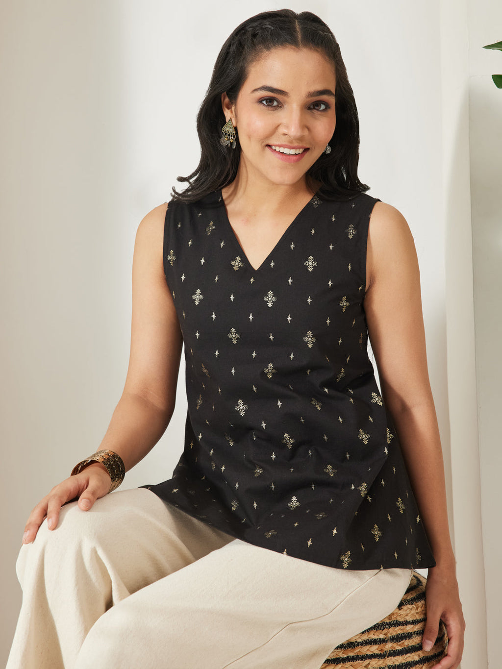 Janasya Black A-Line Cotton Tunic | Grocsy