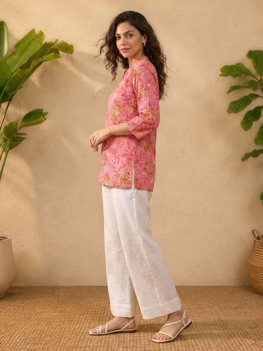 Janasya Pink Straight Cotton Tunic | Grocsy