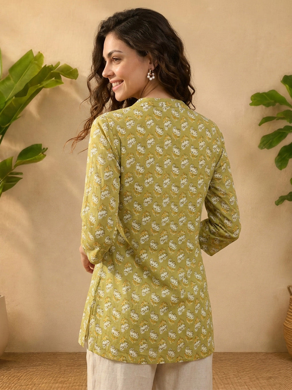 Janasya Olive Straight Cotton Tunic | Grocsy