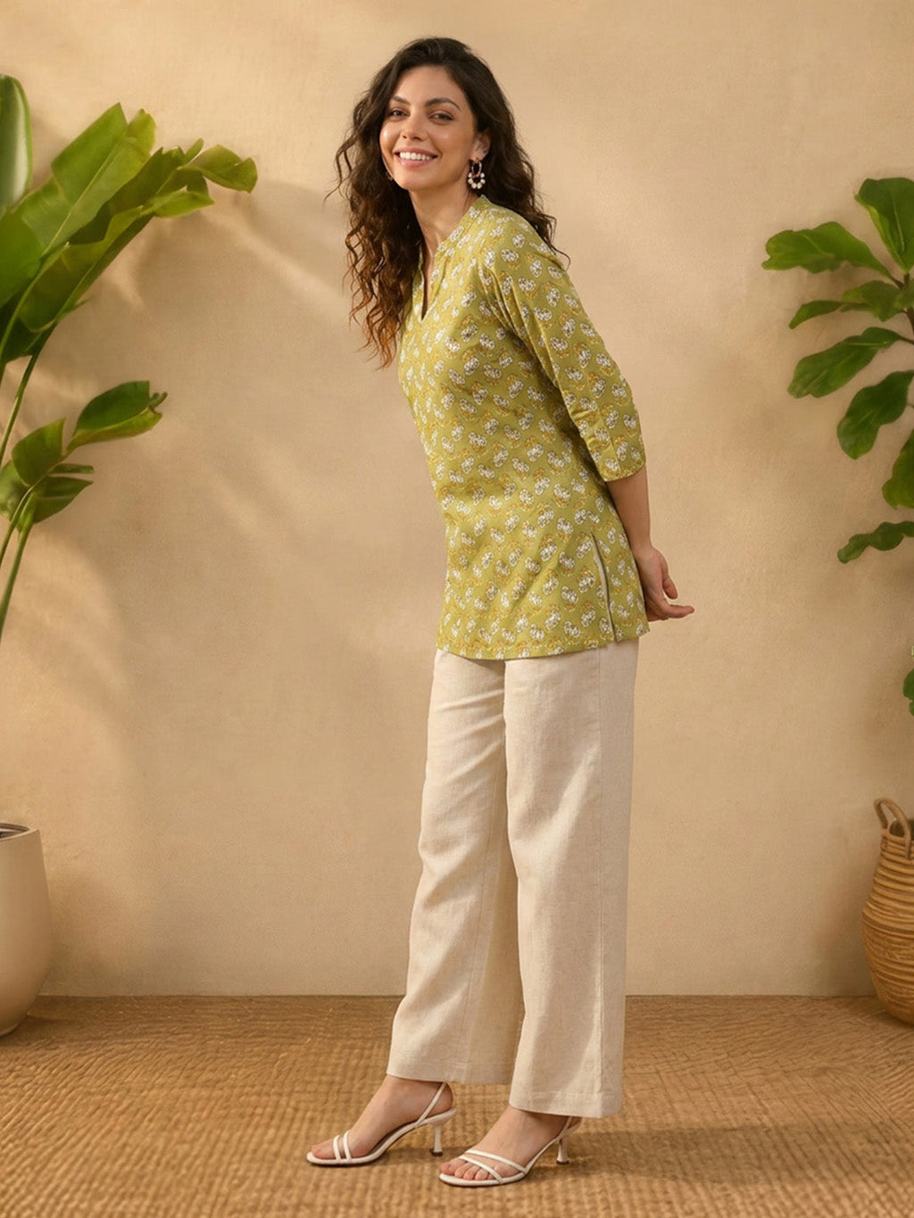 Janasya Olive Straight Cotton Tunic | Grocsy