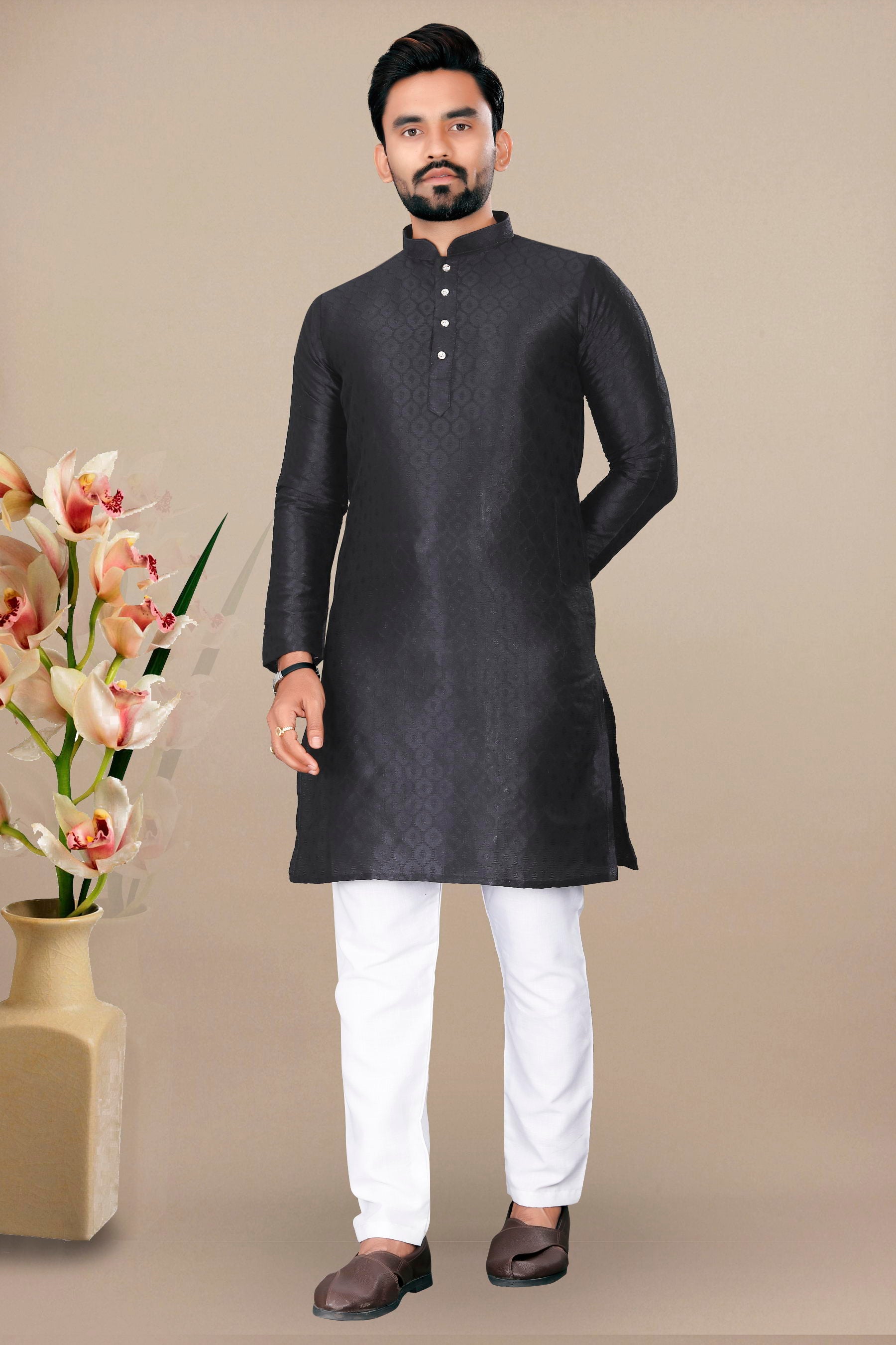 Neera Trendz Black Jacquard Work Men's Kurta With Pyjama | Grocsy
