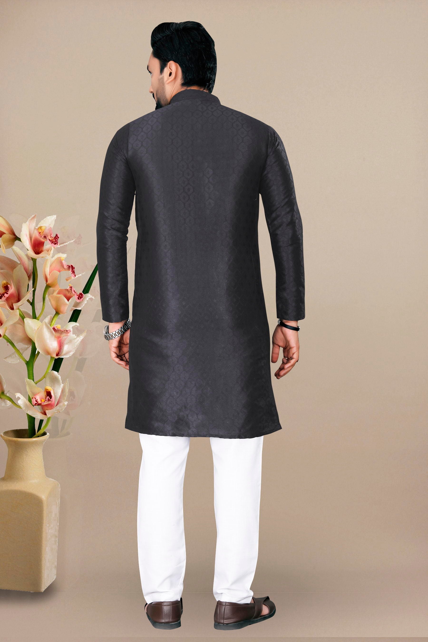 Neera Trendz Black Jacquard Work Men's Kurta With Pyjama | Grocsy