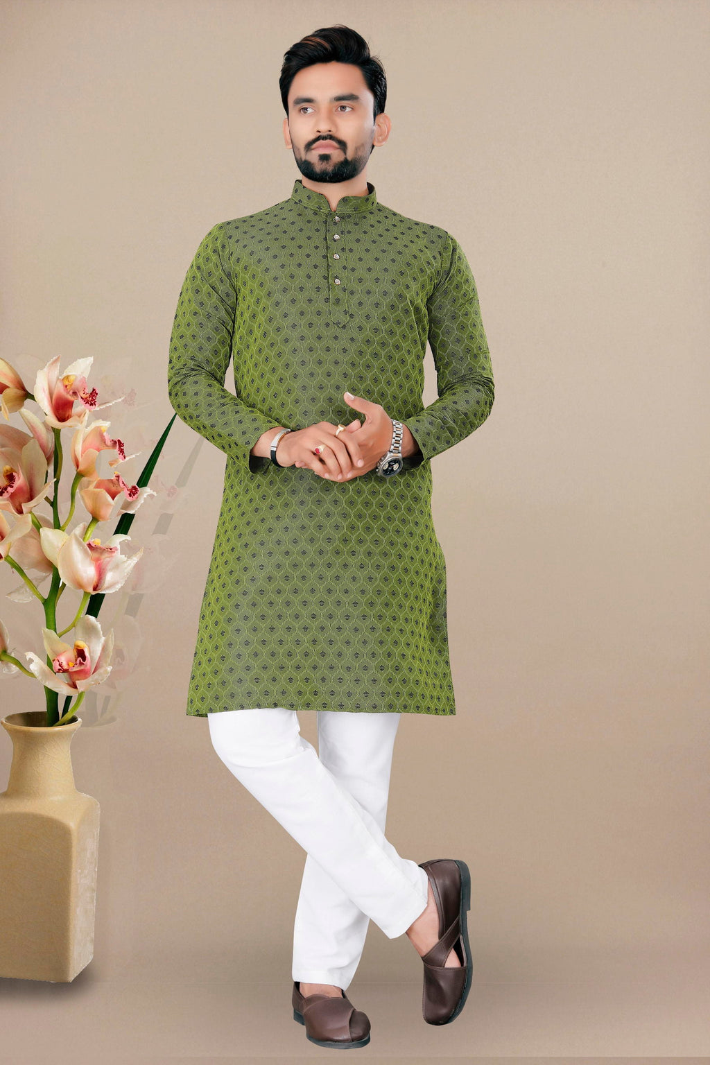 Neera Trendz Green Jacquard Work Men's Kurta With Pyjama | Grocsy