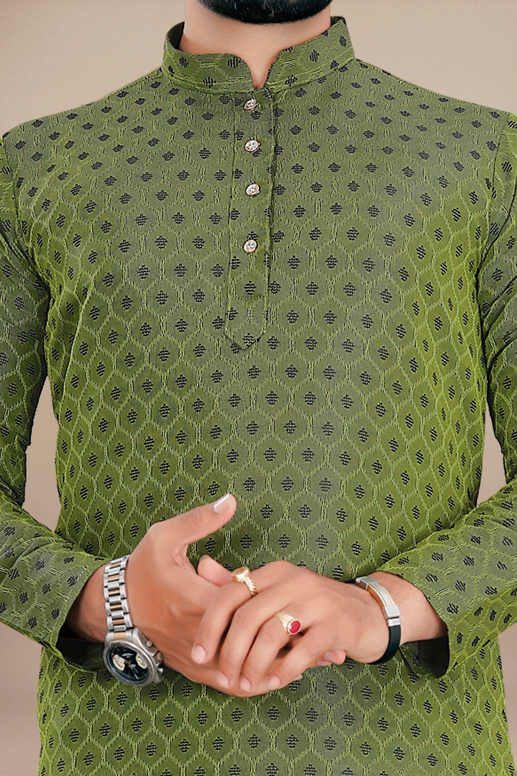 Neera Trendz Green Jacquard Work Men's Kurta With Pyjama | Grocsy