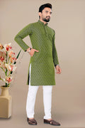 Neera Trendz Green Jacquard Work Men's Kurta With Pyjama | Grocsy