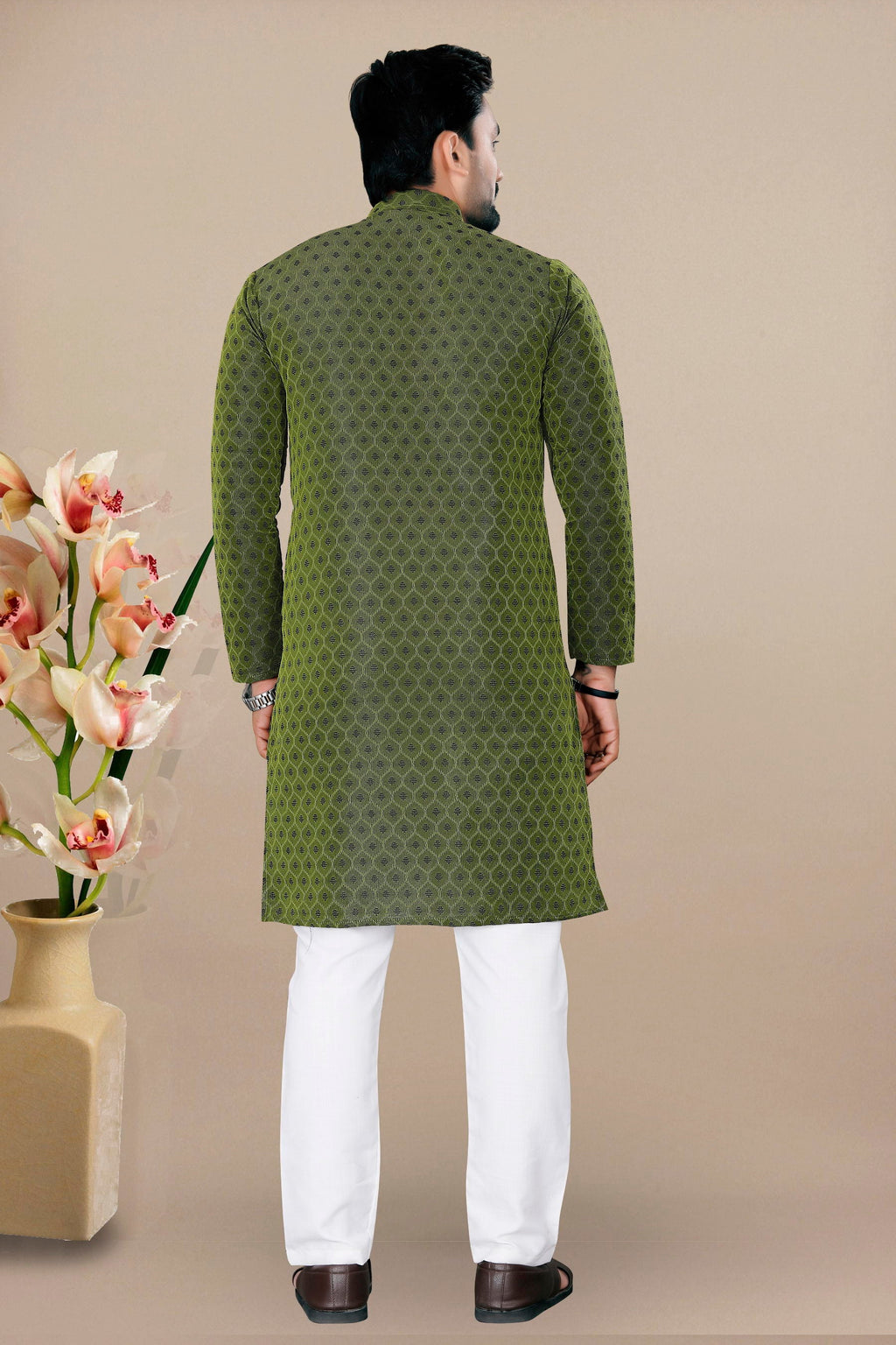 Neera Trendz Green Jacquard Work Men's Kurta With Pyjama | Grocsy