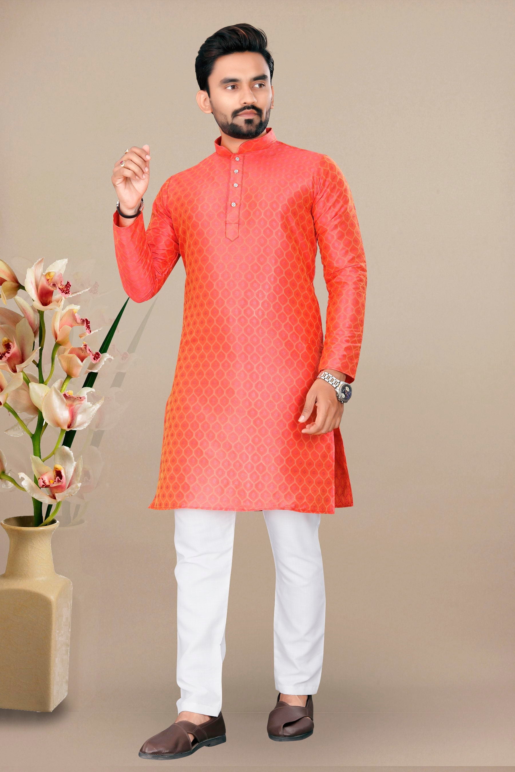 Neera Trendz Orange Jacquard Work Men's Kurta With Pyjama | Grocsy