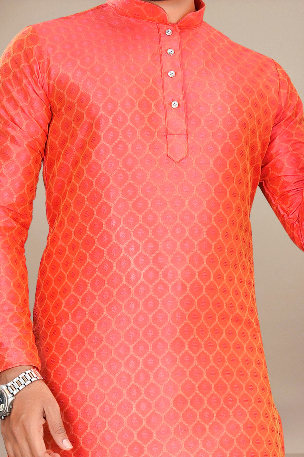 Neera Trendz Orange Jacquard Work Men's Kurta With Pyjama | Grocsy
