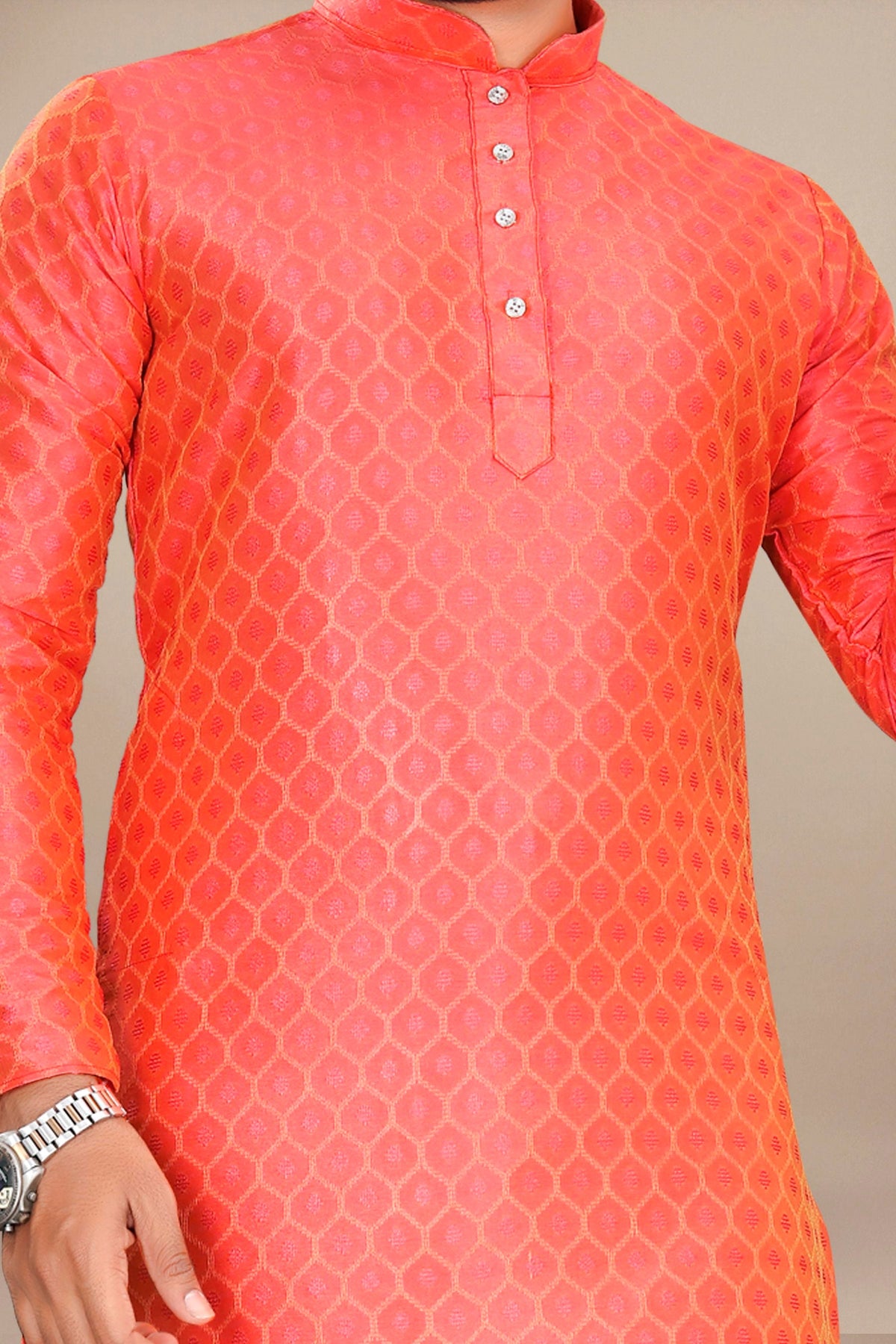 Neera Trendz Orange Jacquard Work Men's Kurta With Pyjama | Grocsy