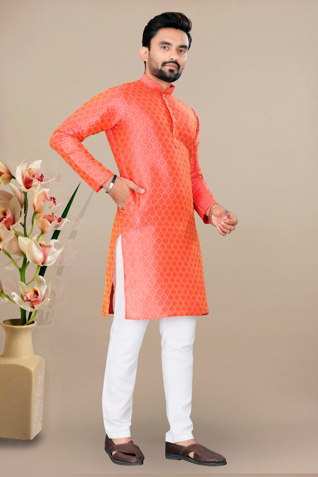 Neera Trendz Orange Jacquard Work Men's Kurta With Pyjama | Grocsy