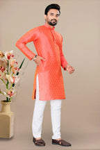 Neera Trendz Orange Jacquard Work Men's Kurta With Pyjama | Grocsy
