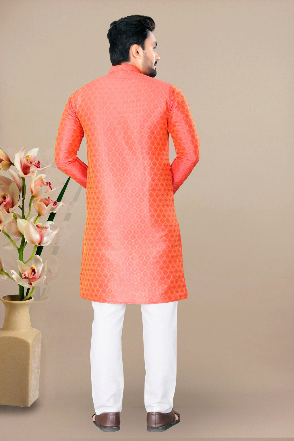 Neera Trendz Orange Jacquard Work Men's Kurta With Pyjama | Grocsy