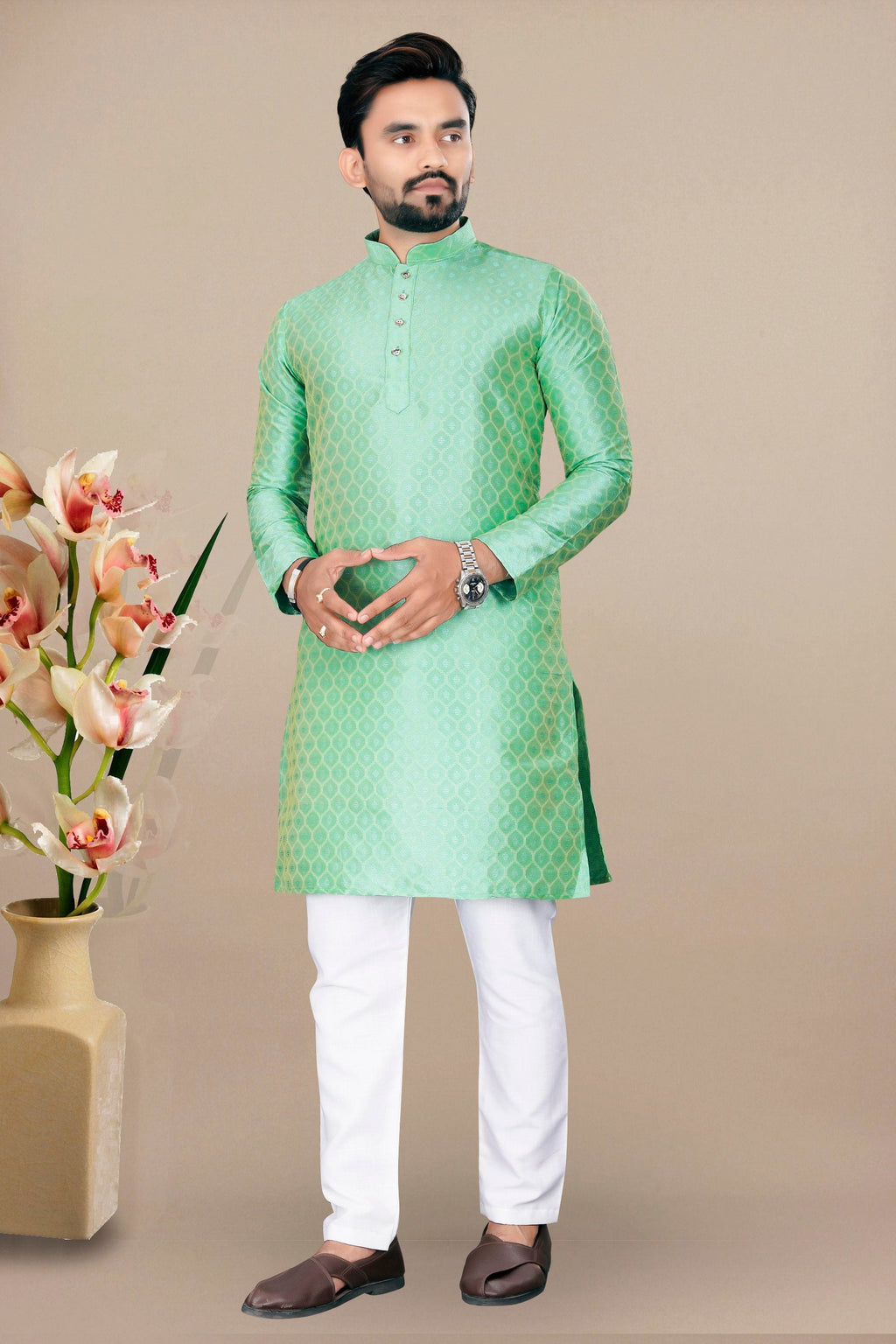 Neera Trendz Pista Jacquard Work Men's Kurta With Pyjama | Grocsy