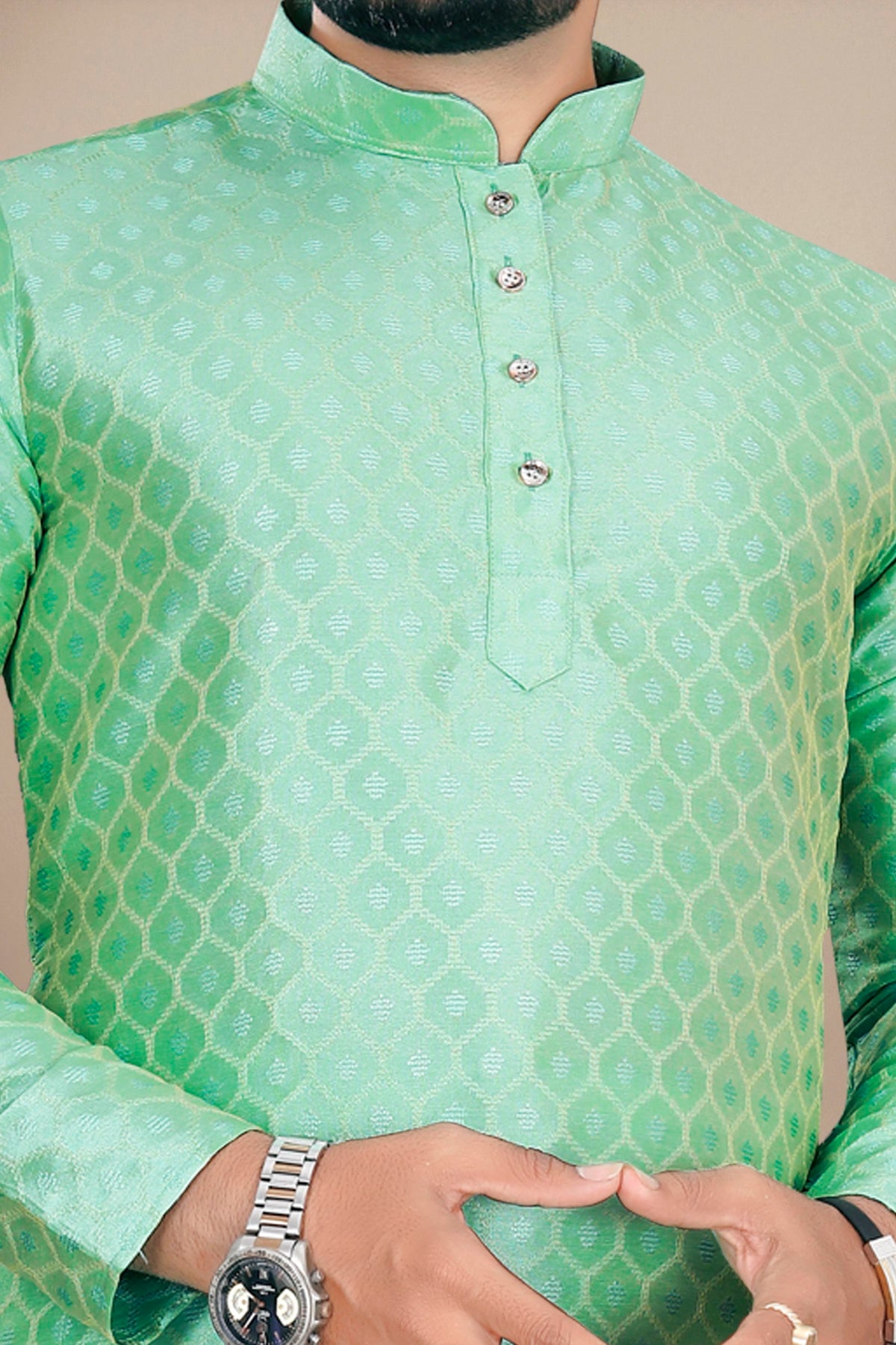 Neera Trendz Pista Jacquard Work Men's Kurta With Pyjama | Grocsy