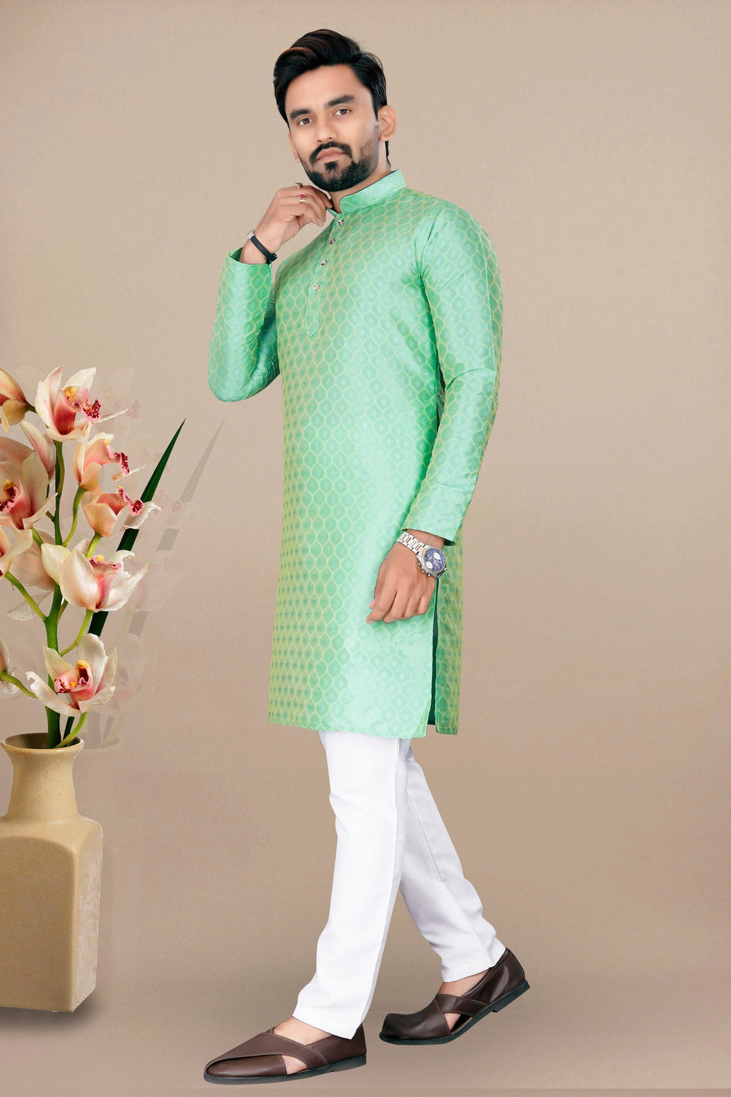 Neera Trendz Pista Jacquard Work Men's Kurta With Pyjama | Grocsy