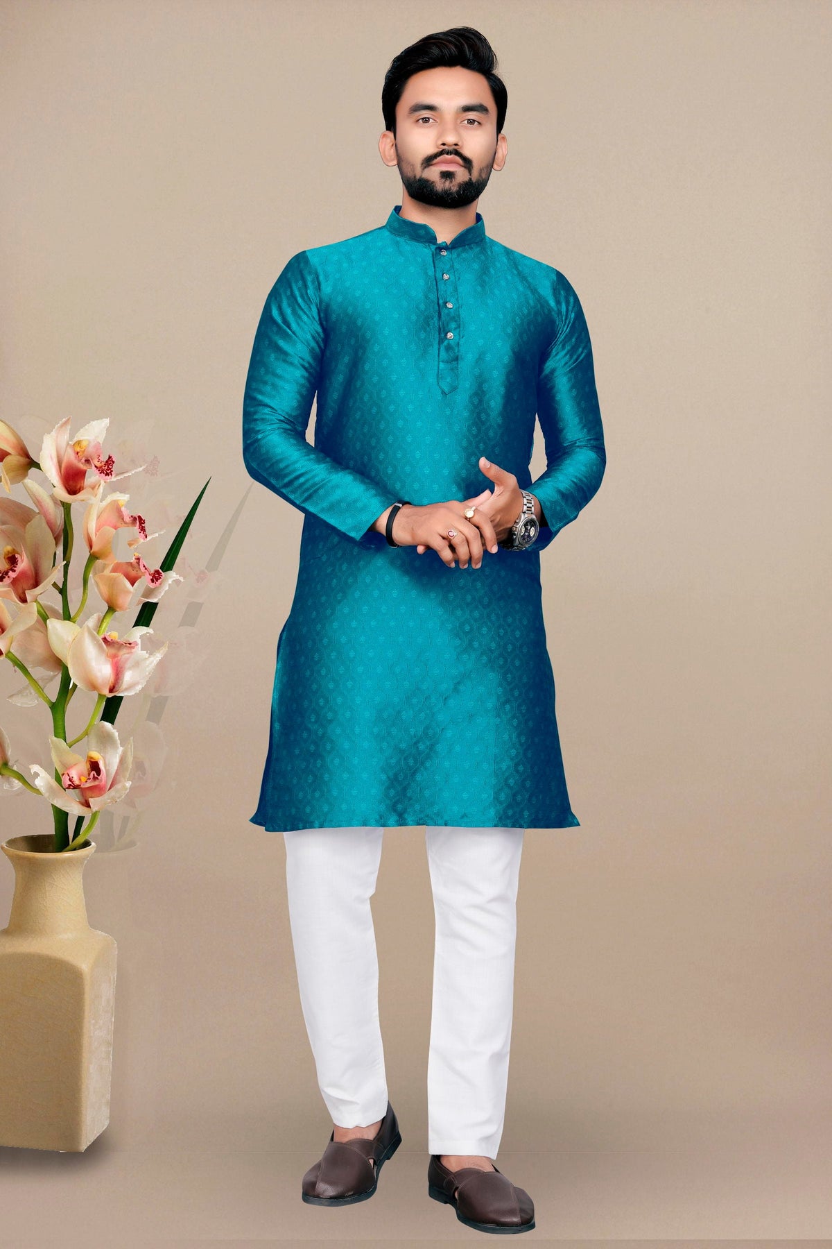 Neera Trendz Rama Jacquard Work Men's Kurta With Pyjama | Grocsy