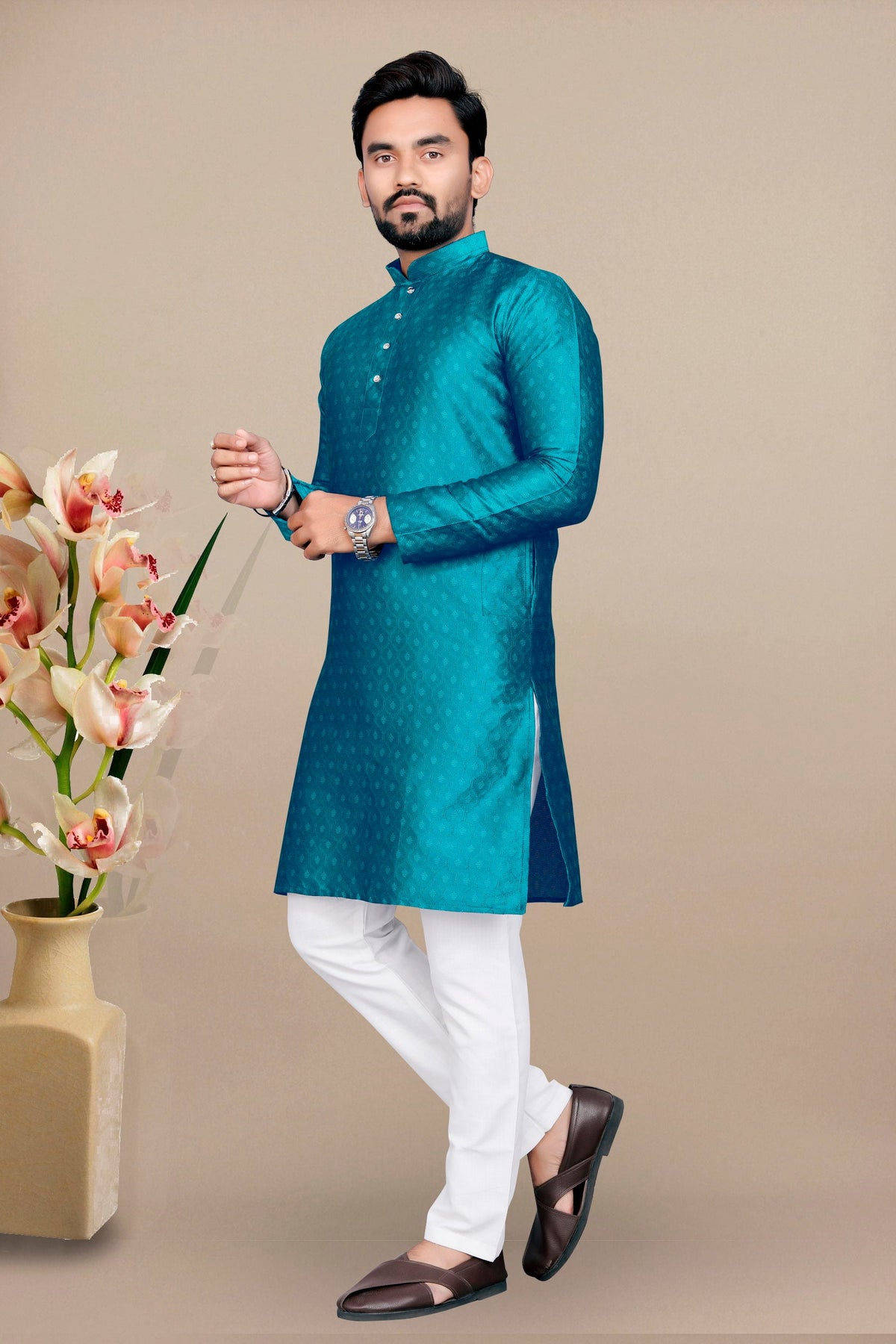 Neera Trendz Rama Jacquard Work Men's Kurta With Pyjama | Grocsy