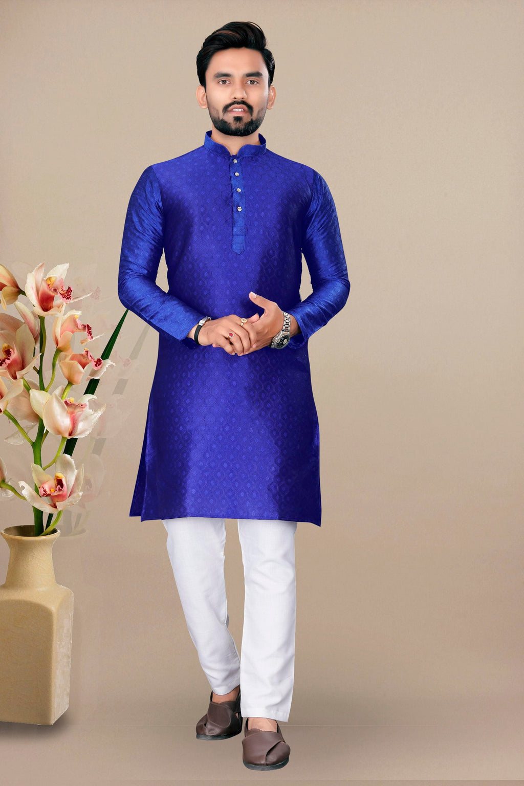 Neera Trendz Royal Blue Jacquard Work Men's Kurta With Pyjama | Grocsy