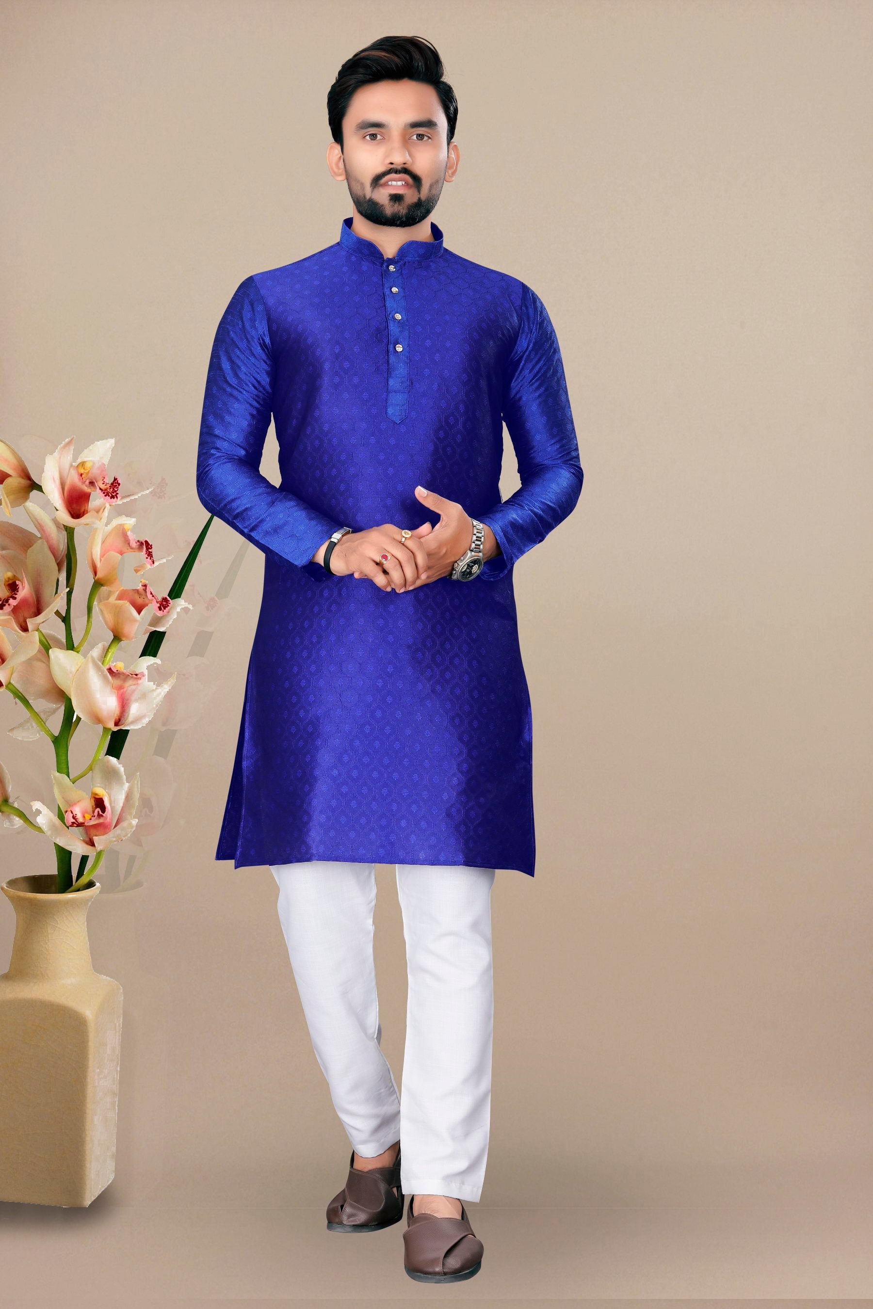 Neera Trendz Royal Blue Jacquard Work Men's Kurta With Pyjama | Grocsy