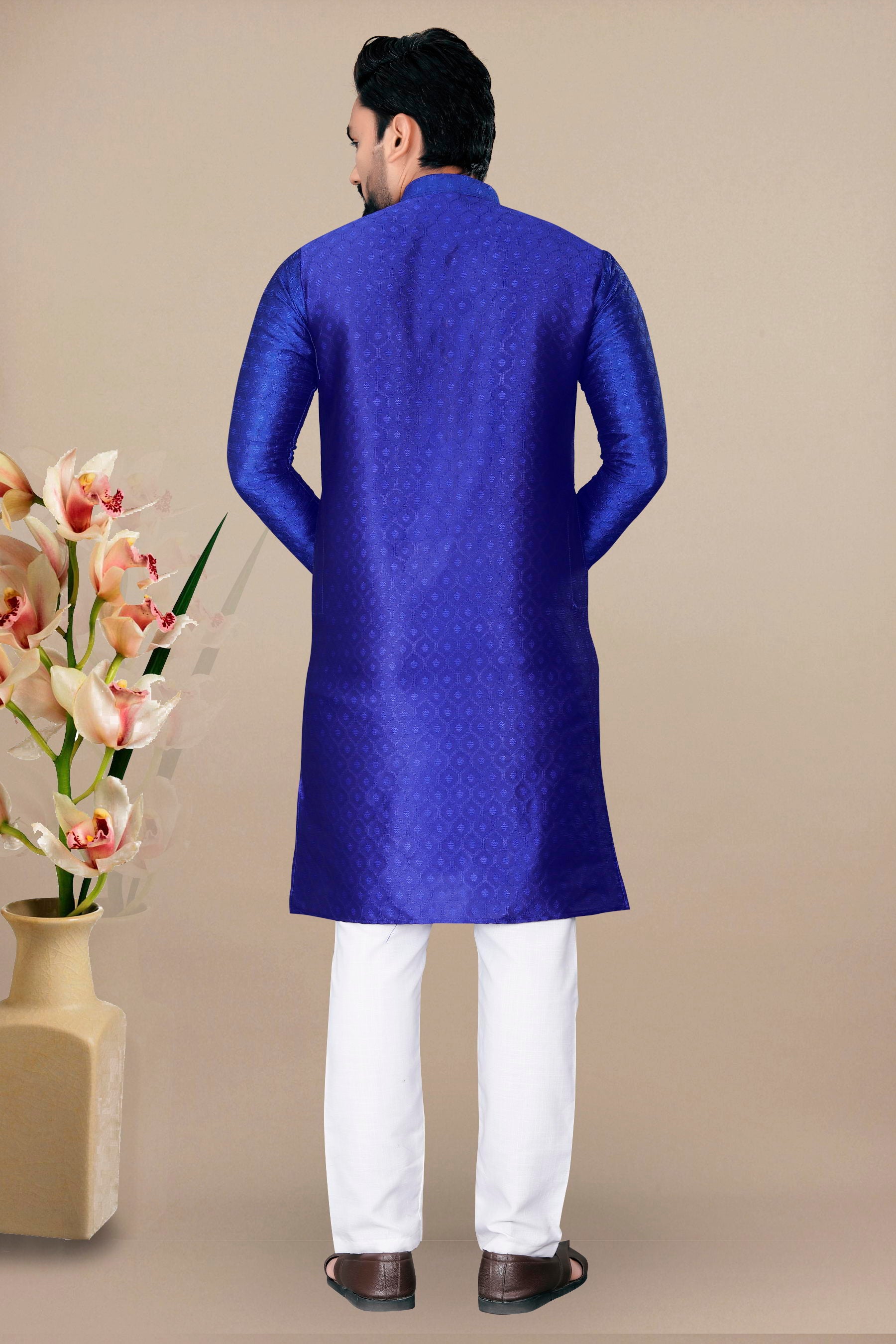 Neera Trendz Royal Blue Jacquard Work Men's Kurta With Pyjama | Grocsy