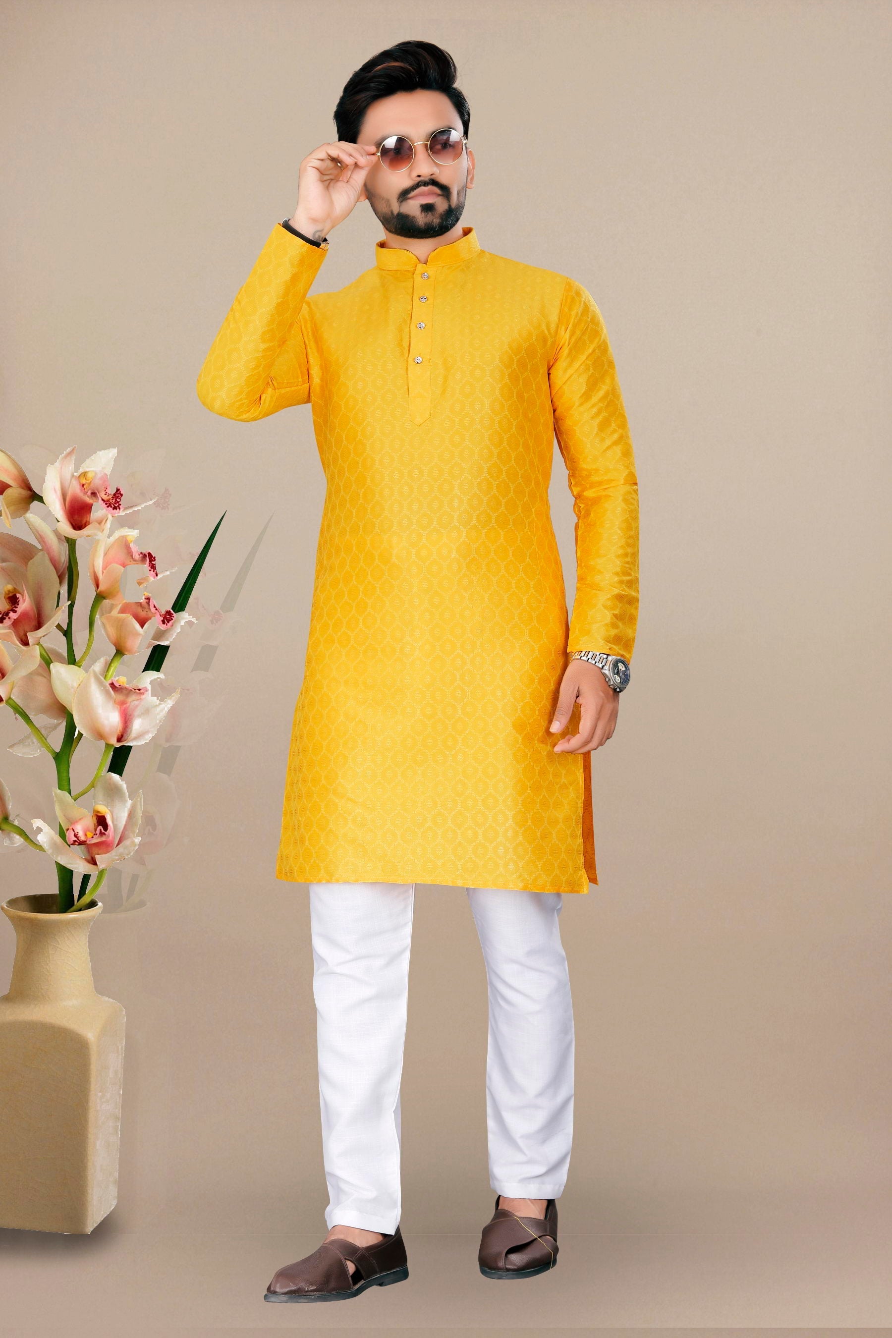 Neera Trendz Yellow Jacquard Work Men's Kurta With Pyjama | Grocsy