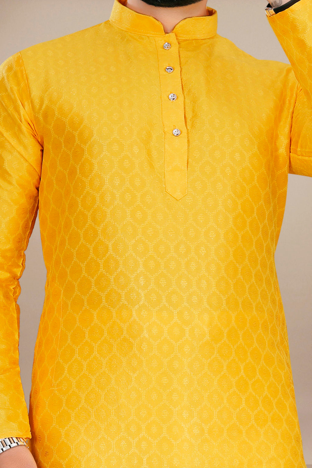 Neera Trendz Yellow Jacquard Work Men's Kurta With Pyjama | Grocsy