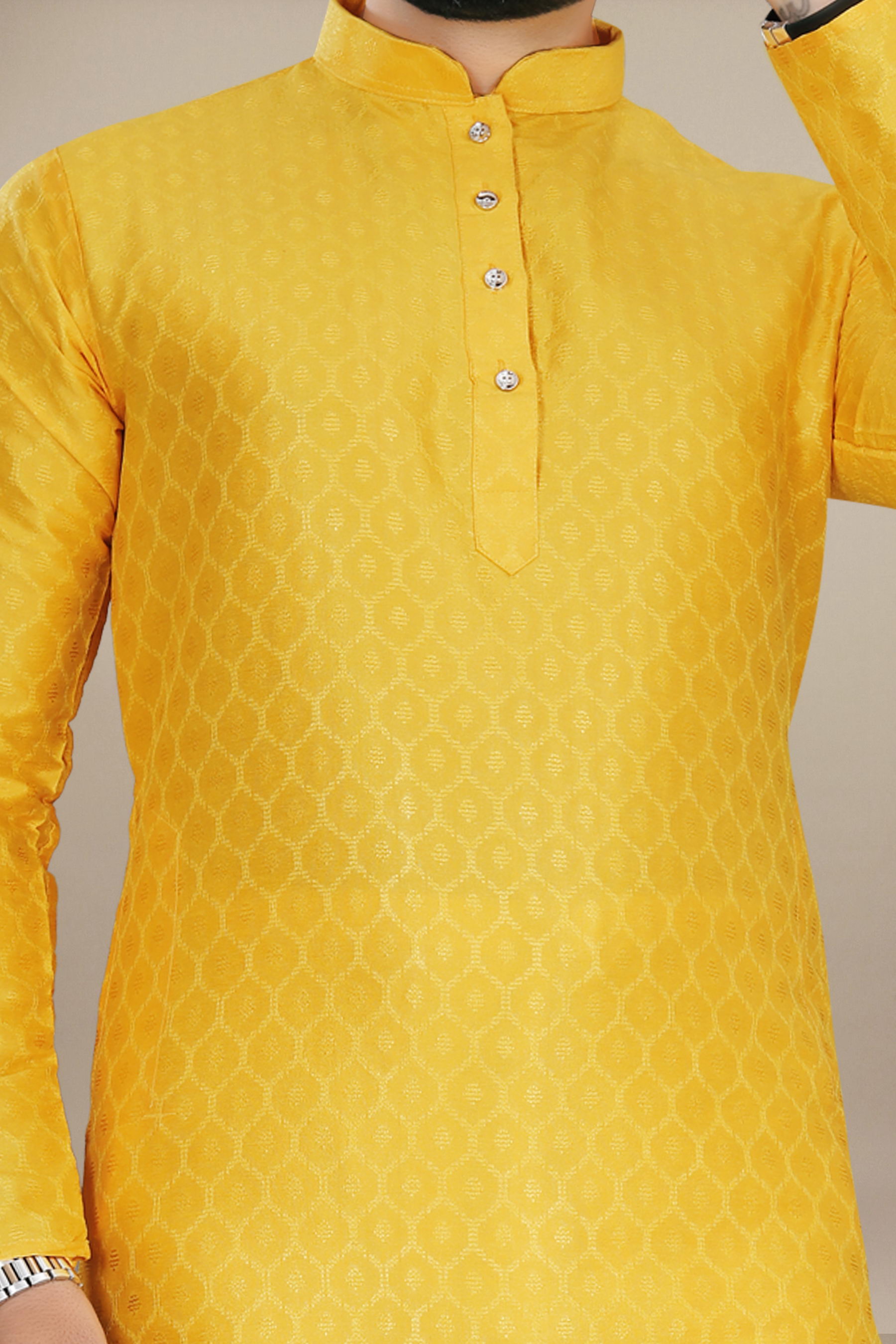 Neera Trendz Yellow Jacquard Work Men's Kurta With Pyjama | Grocsy