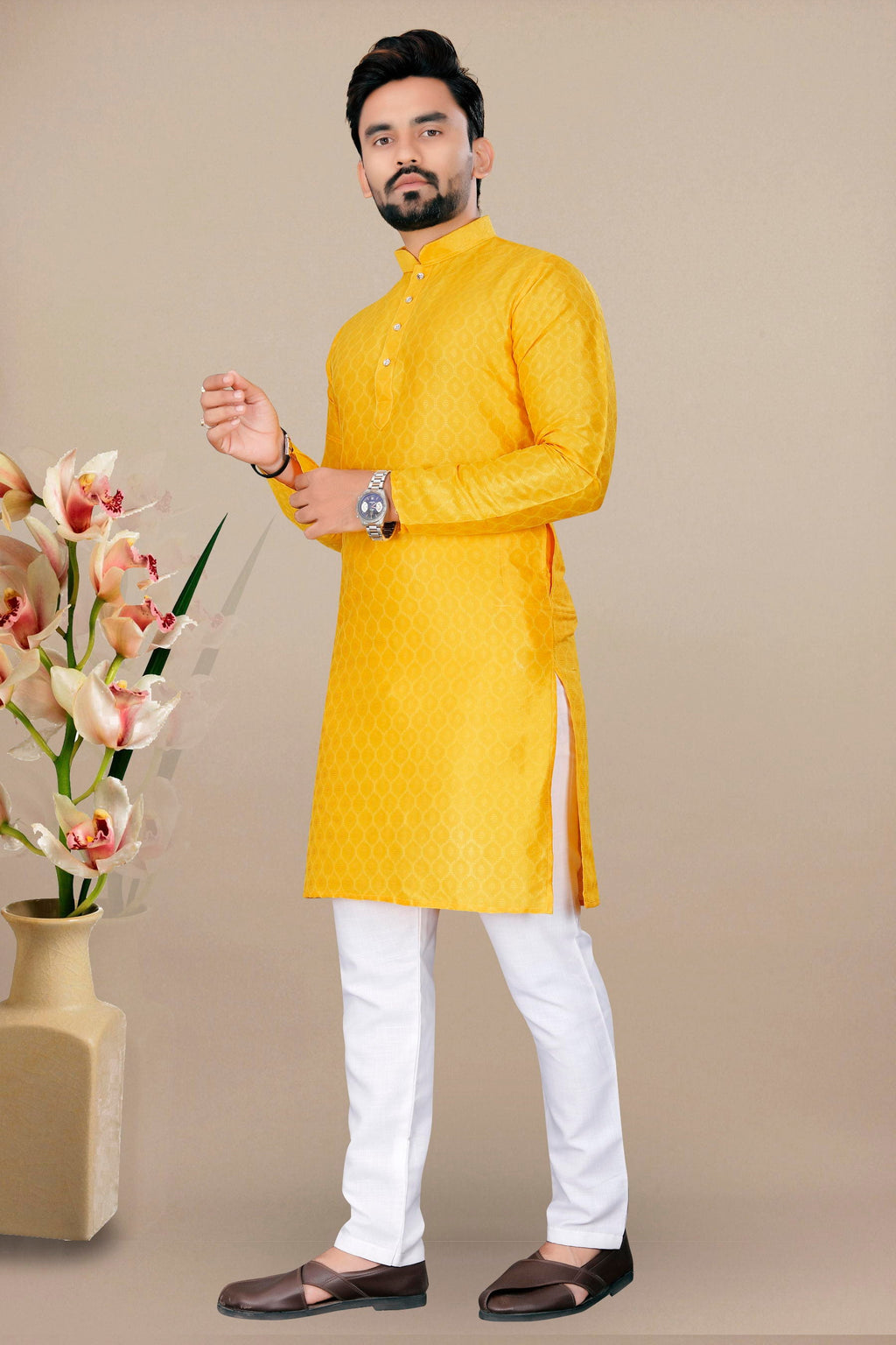 Neera Trendz Yellow Jacquard Work Men's Kurta With Pyjama | Grocsy