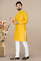 Neera Trendz Yellow Jacquard Work Men's Kurta With Pyjama | Grocsy