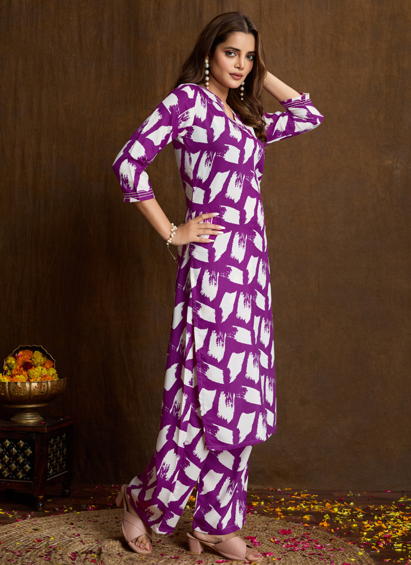 Prazu Fashion Purple Printed Cotton Blend Kurta Pant Set | Grocsy