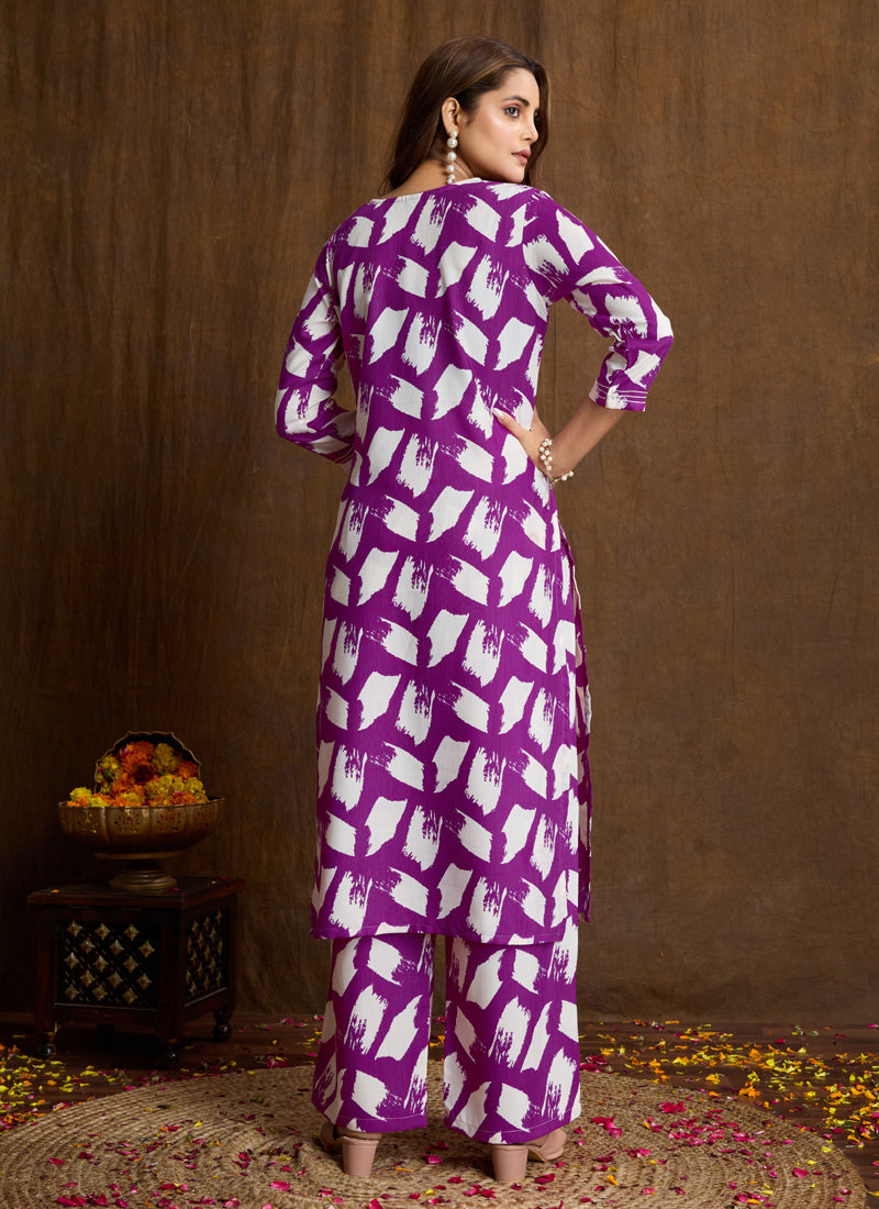 Prazu Fashion Purple Printed Cotton Blend Kurta Pant Set | Grocsy