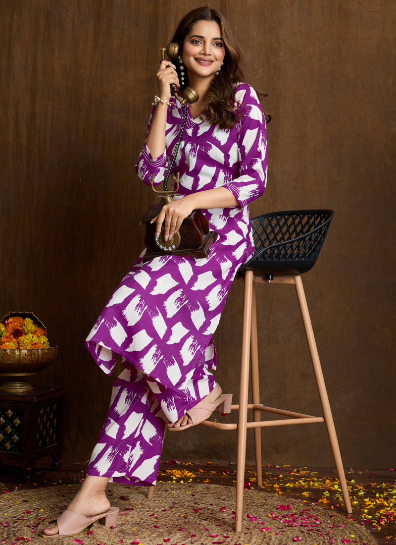 Prazu Fashion Purple Printed Cotton Blend Kurta Pant Set | Grocsy