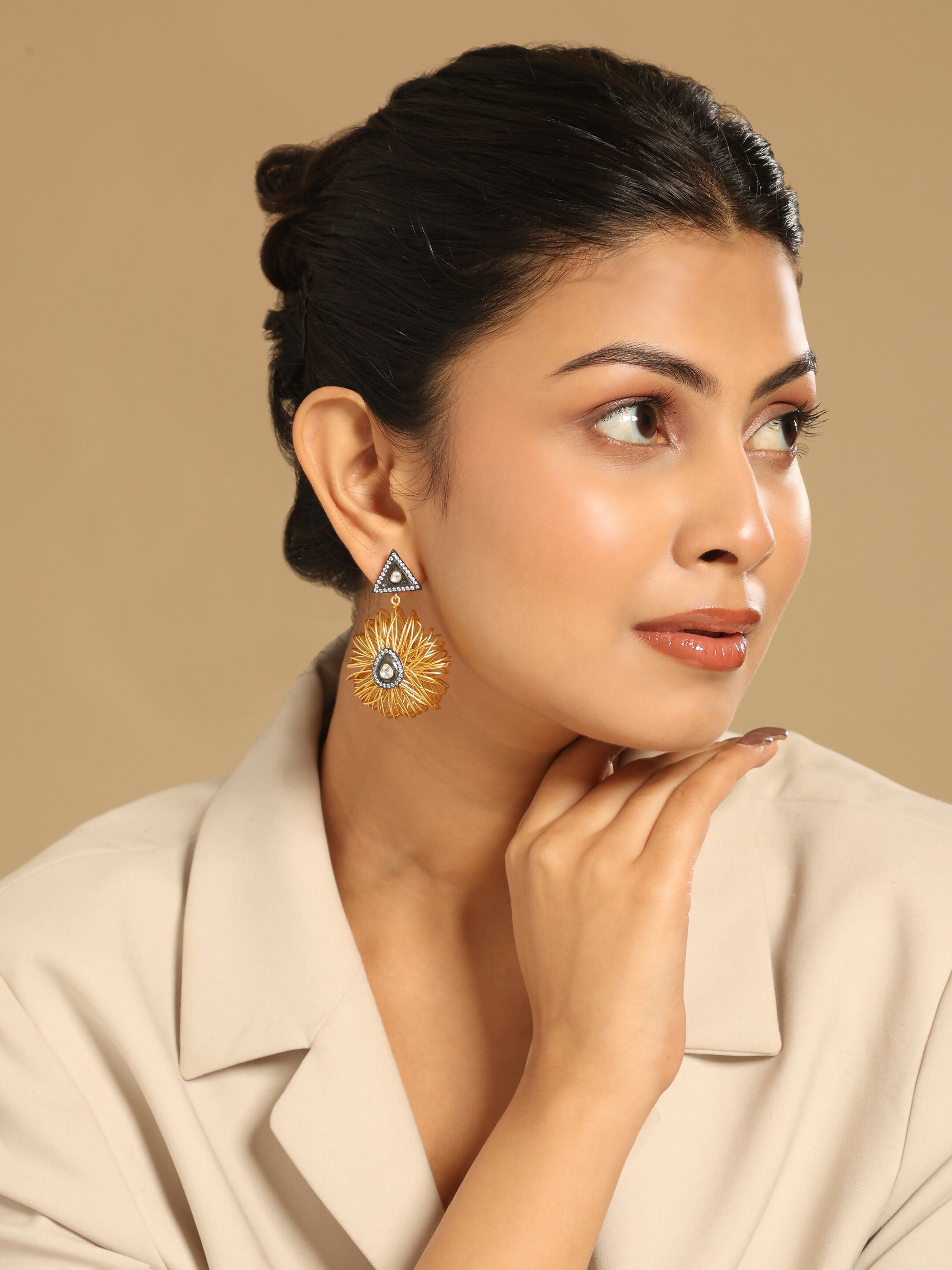 Nuyug 18K Gold-Plated Stones & American Diamond Studded Contemporary Wire Drop Earrings | Grocsy