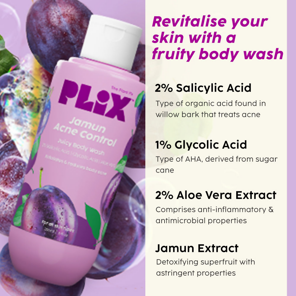 PLIX The Plant Fix Jamun Skincare With Cleanser, Body Wash & Active Acne Serum For Women & Men | Grocsy