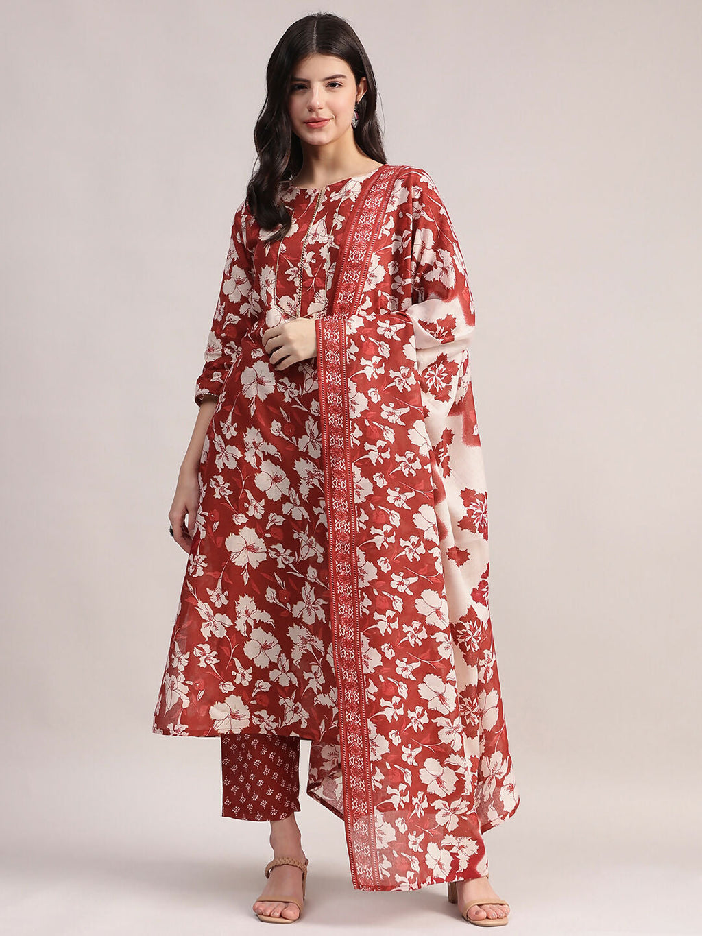 Aavyora Women Maroon Floral Printed Kurta with Printed Pants & Dupatta Set | Grocsy