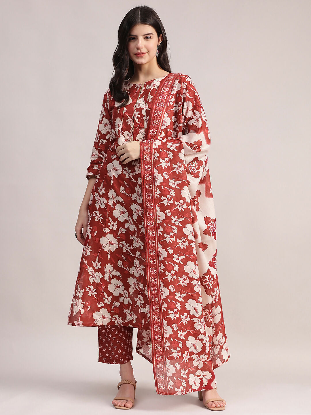 Aavyora Women Maroon Floral Printed Kurta with Printed Pants & Dupatta Set | Grocsy