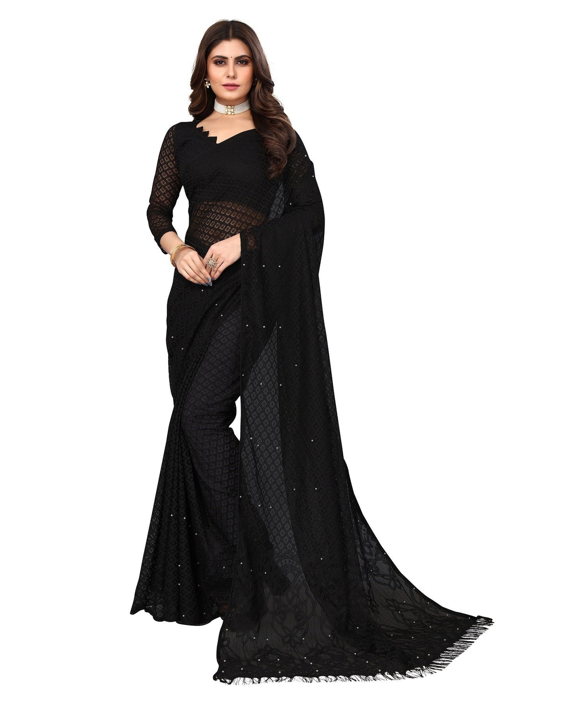 Vamika Net Brasso Black Light Weight Trendy Look Bollywood Style Saree | Grocsy