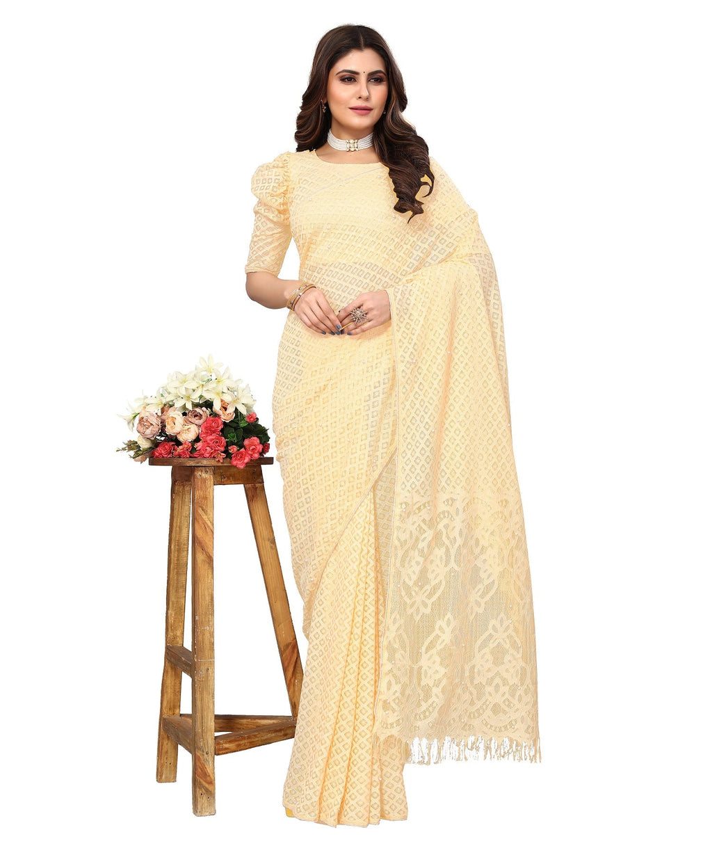 Vamika Net Brasso Cream Light Weight Trendy Look Bollywood Style Saree | Grocsy
