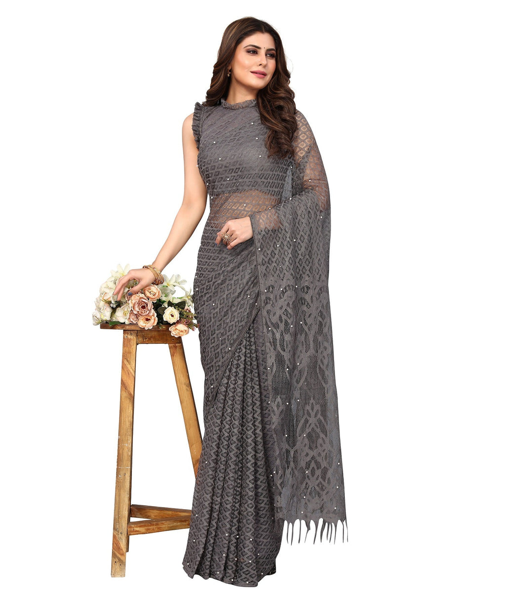 Vamika Net Brasso Grey Light Weight Trendy Look Bollywood Style Saree | Grocsy